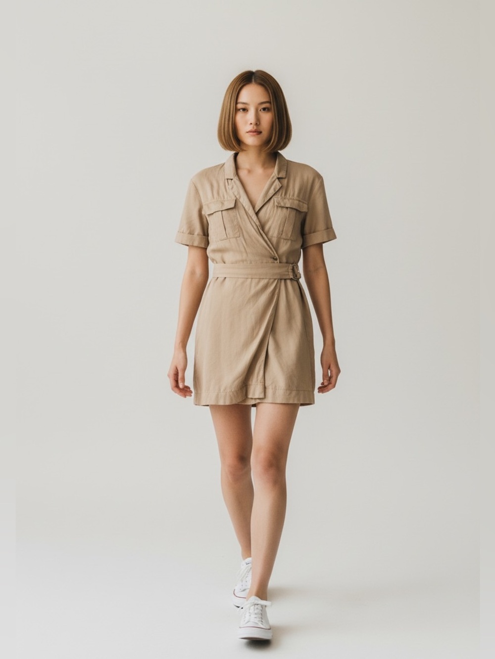 Zara Tan Short-Sleeve Belted Wrap Mini Dress
